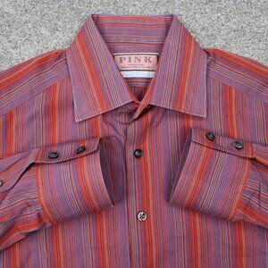 Thomas Pink Dress Shirt Adult 15 1/2, 39 Red/Blue/Purple Cotton L/S‎ Button Up